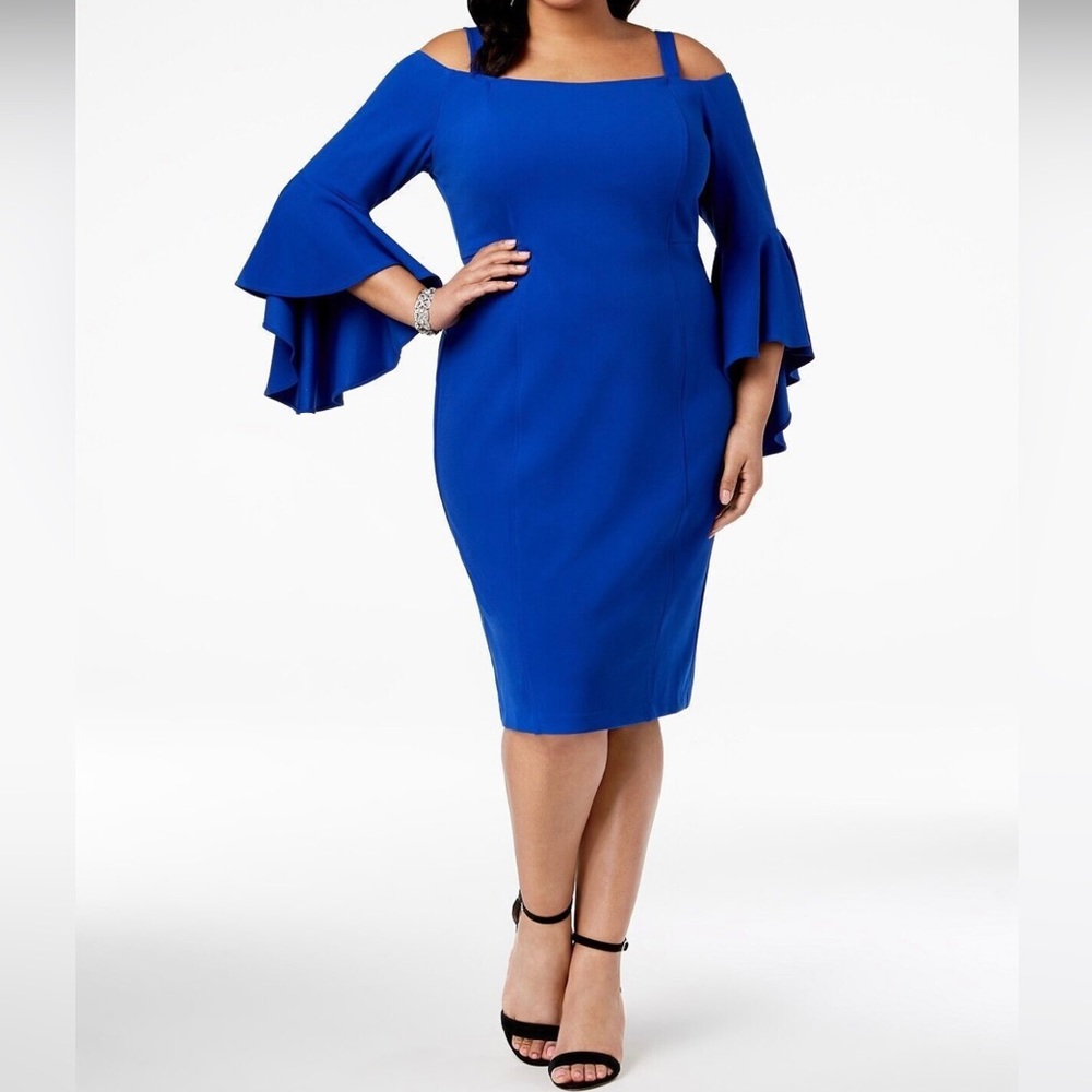 R&M Richards royal blue off shoulder flutter sleeve cocktail formal dress 16w